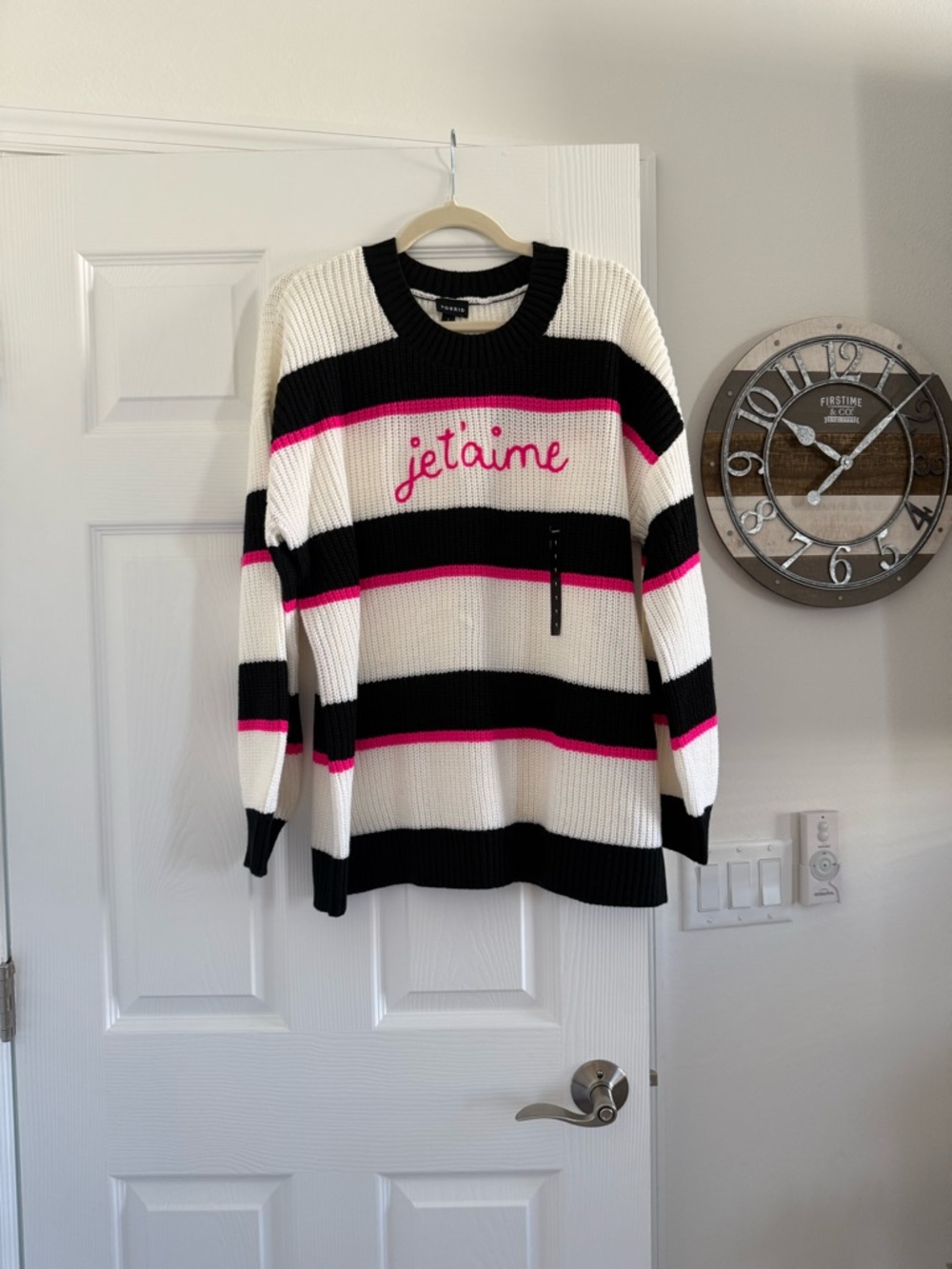 torrid Black, White & Pink Striped 'je t'aime' Crewneck Pullover Sweater NWT 1X